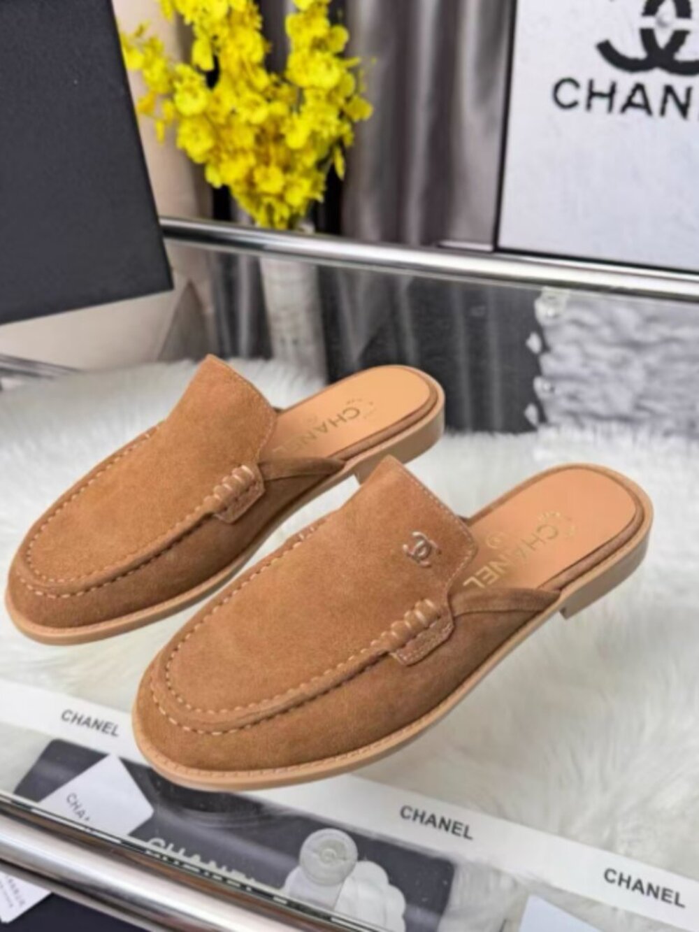 Chanel Camel Suede Mules